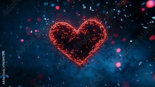Glowing red heart symbol on dark background with sparkles and bokeh effect