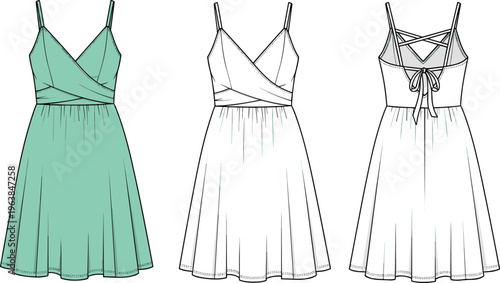 Women wrap dress technical drawing front back view, strappy summer apparel template, elegant fashion clothing design vector illustration mockup