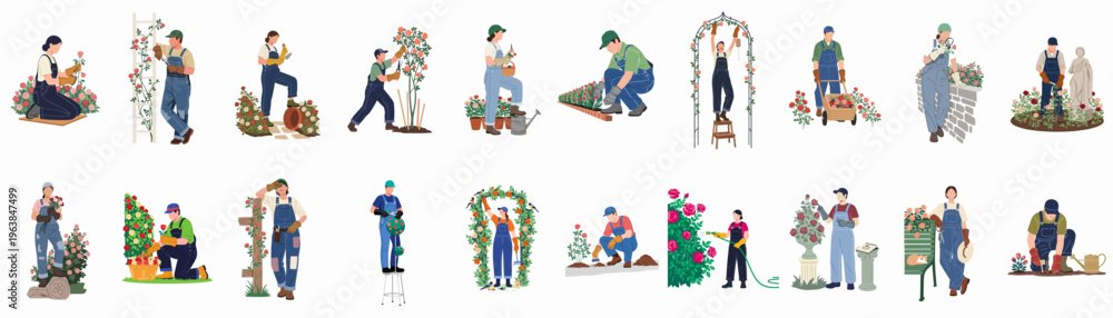 Fototapeta premium Collection of diverse gardeners performing various rose garden maintenance tasks like pruning, planting, and watering, isolated on white background.