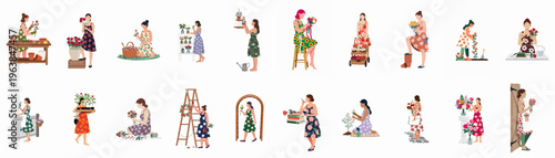 Large set of women in floral dresses performing gardening and floristry tasks including planting, arranging bouquets, and watering flowers, isolated on white.