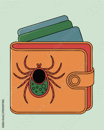 Tick bug on wallet with credit cards illustration, concept of financial parasite, money loss, economic risk, fraud, cartoon vector