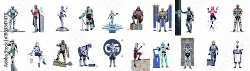 Set of twenty diverse sci-fi warrior and robotic character illustrations in various action and professional poses, featuring futuristic armor and technology.
