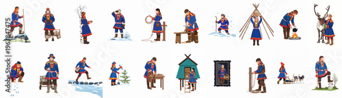 Vector illustrations of Sami people in traditional costumes engaged in various indigenous activities, reindeer herding, and daily life in the Lapland region.