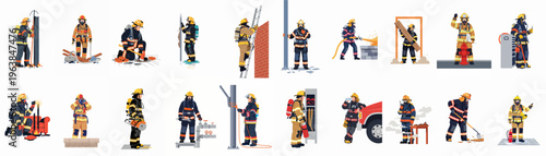 Comprehensive collection of professional firefighters performing various rescue and firefighting duties with specialized equipment in a clean flat vector style.