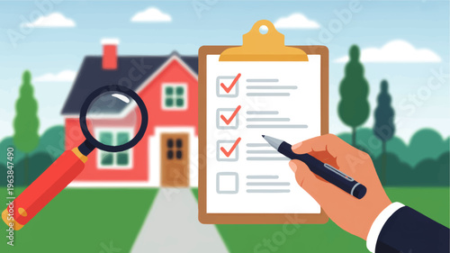 Home inspection checklist with magnifying glass and real estate agent hand signing property evaluation form illustration