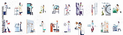Comprehensive Collection of Laboratory Scientists and Researchers Conducting Various Scientific Experiments, Data Analysis, and Technical Research in a Modern Professional Setting