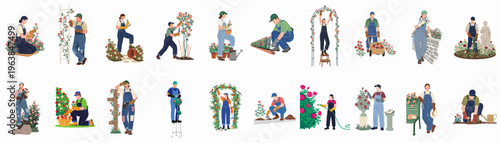 Collection of diverse gardeners performing various rose garden maintenance tasks like pruning, planting, and watering, isolated on white background.