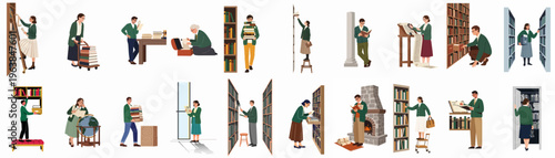 Large collection of flat vector illustrations depicting librarians and archivists performing various tasks like organizing, researching, and managing books in a classic library setting.