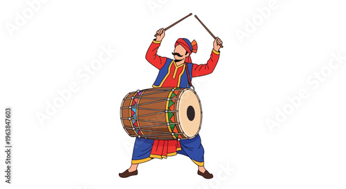 Traditional Indian Dhol Player Performing Energetic Dance with Vibrant Costume and Dhol Drum in Folk Style on Isolated White Background with Dynamic Movement