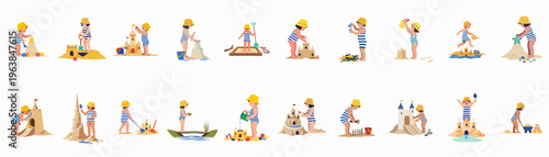 Children Building Sandcastles and Playing with Beach Toys Illustration Set