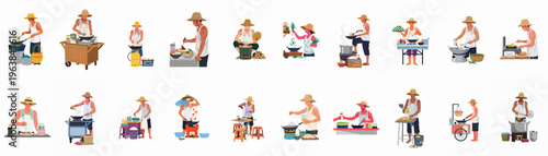 Set of Asian street food vendor illustrations, men cooking traditional noodles and Pad Thai at various stalls, wearing straw hats on white background.