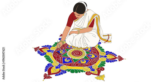 Indian woman in traditional sari clothing creating colorful floral rangoli design on floor with powder, traditional Indian art, cultural heritage, festive decoration
