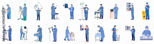 Flat illustration collection of surgeons and medical staff in blue scrubs performing various healthcare tasks and surgical procedures in a hospital setting.