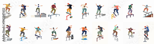 Large collection of flat vector illustrations of diverse skateboarders performing various street tricks on rails and obstacles, isolated on a white background.