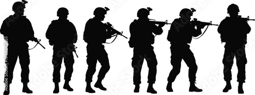 Military soldiers silhouettes lineup, armed army troops holding rifles in standing combat poses, tactical defense forces, security operations isolated background