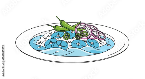 Colorful cartoon plate of seafood paella with squid rings and green peppers on a white background in a pop art style