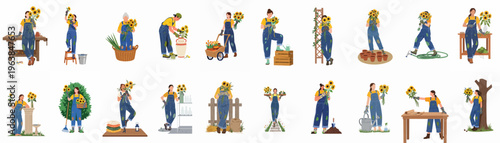 Collection of diverse female gardener illustrations wearing denim overalls and working with vibrant yellow sunflowers in various gardening activities and settings.