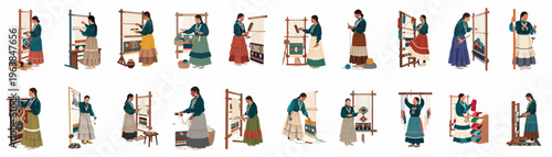Illustration set of Indigenous women weavers creating handcrafted rugs on upright looms, showcasing traditional textile art, weaving tools, and cultural heritage.