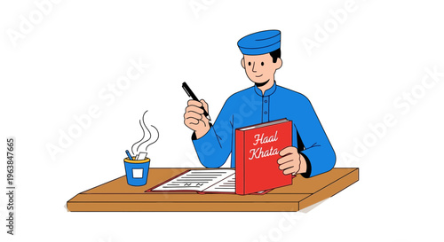 A cartoonish businessman in blue office attire sitting at a wooden desk writing with a pen in hand while holding a red notebook and next to a steaming cup of coffee in a modern flat color st
