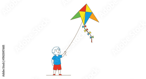 A young boy in a blue shirt and red shorts flying a colorful diamond-shaped kite with a long tail outdoors on a sunny day in a whimsical cartoon style