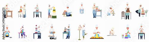 Collection of professional pastry chefs and bakers decorating various large, elaborate, and colorful multi-tiered cakes, isolated on a white background.