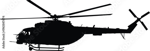 helicopter silhouette, military aircraft isolated, black chopper side view, aviation transport, rotor blades, rescue mission, air vehicle, flying machine concept