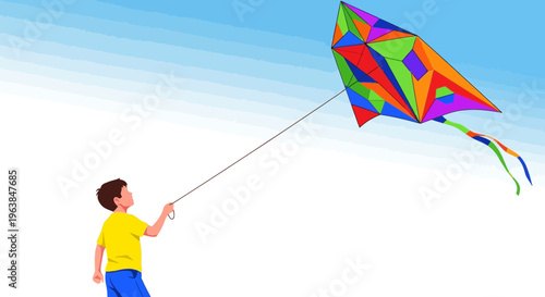 Young boy flying colorful kite in clear blue sky on sunny day with white clouds outdoor recreational fun