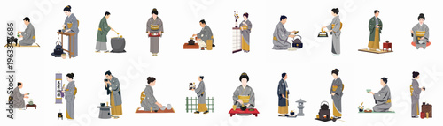 Set of flat illustrations featuring Japanese men and women in kimonos performing traditional tea ceremony rituals, isolated on a white background.
