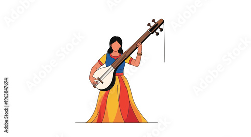 Indian woman playing traditional stringed musical instrument, sitar, in vibrant orange and yellow dress, folk music, cultural performance, artistic illustration, musician, music, India