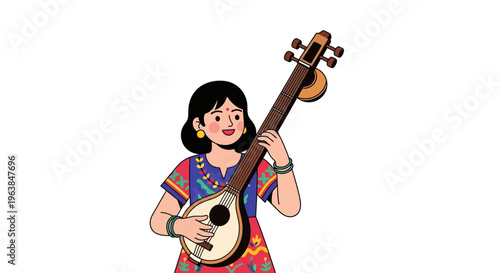 Asian woman playing traditional musical instrument, banjo, in colorful outfit, cartoon, flat design, cultural, artistic, folk music, musician