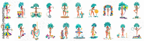 Set of diverse Brazilian carnival dancers in traditional teal costumes, featuring samba performers with festive props and headdresses in a clean vector style.