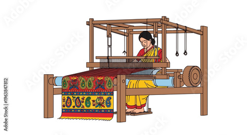 Woman Operating Traditional Wooden Handloom to Weave Colorful Textile Fabric Art Technique teacher learning animation write