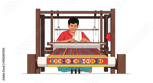 Traditional Indian male textile artist weaving intricate patterns on a colorful loom in a rustic workshop, vector graphic, folk art style, cultural heritage theme, Asia