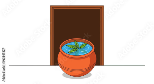 A serene cartoon-style terracotta fishbowl with a green plant sitting on a white floor in front of a brown open doorway indoors