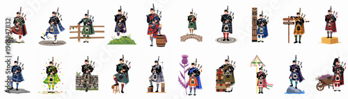 Collection of Various Scottish Bagpipers in Traditional Kilts and Attire Across Different Scenic Backdrops