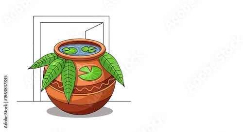 Traditional Earthen Pot Decorated With Fresh Mango Leaves And Water For Auspicious Entryway Decoration teacher learning animation write