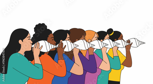 Diverse Group of Women Blowing Traditional Conch Shells Together for Ceremony or Ritual Sound Making teacher learning animation write