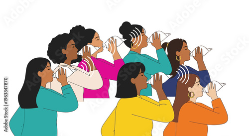 Diverse Group of Women Activating Sound Communication Using Traditional Conch Shell Horns for Community Signaling teacher learning animation write