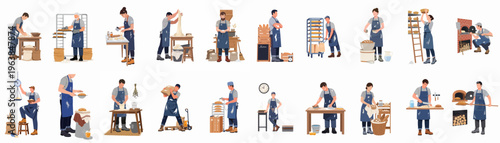 Collection of professional baker characters performing various bakery tasks from dough preparation to baking and selling bread in a flat illustration style.