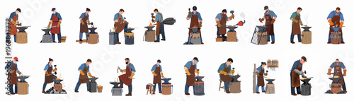 Collection of diverse blacksmith characters working at anvils with traditional tools in a flat illustration style, isolated on white background.