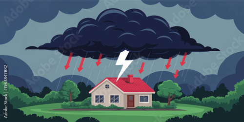 Lightning storm over suburban house illustration, dark thundercloud, heavy rain, risk, insurance, climate change, emergency safety concept