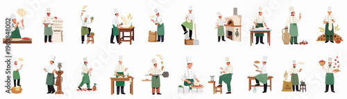 Professional Italian chef illustrations showing various stages of pizza preparation, from kneading and tossing dough to baking in a wood-fired oven.
