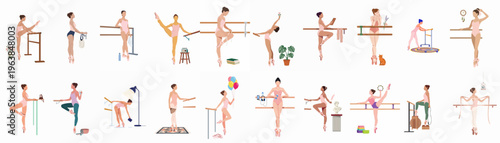 Comprehensive collection of flat vector illustrations depicting a ballerina practicing various routines and poses at a ballet barre with different everyday objects.