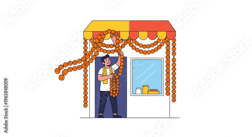 Vendor Decorating Small Shop Entrance With Long Strands of Orange Flower Garlands for Celebration Event teacher learning animation write