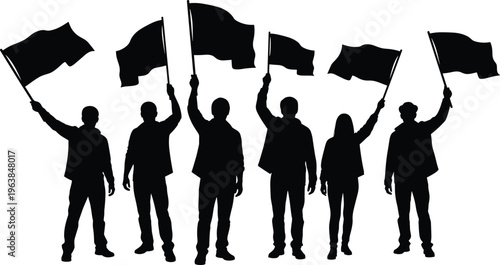 Protest people silhouettes holding flags, demonstration crowd unity, political rally concept, activists protest movement, social rights march isolated illustration design