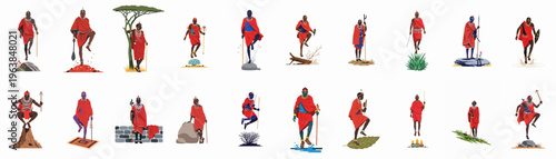 A collection of stylized illustrations featuring Maasai warriors in traditional red attire, performing cultural dances and activities against diverse African landscape elements.