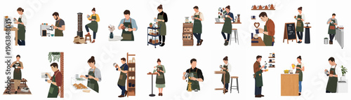 Professional barista flat vector illustration set featuring men and women making coffee, latte art, and working in a modern cafe environment.