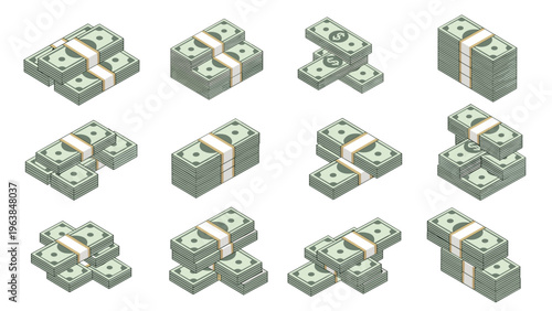 Comprehensive isometric set of various dollar banknote stacks and bundles illustrates different ways money is stored or transported.