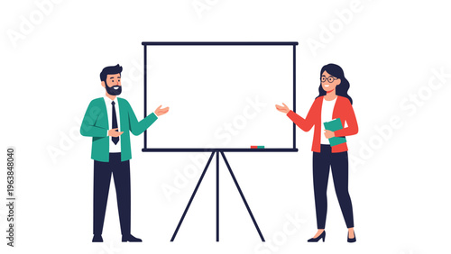 Professional man and woman stand on either side of a large blank whiteboard ready for a business presentation or educational lecture.