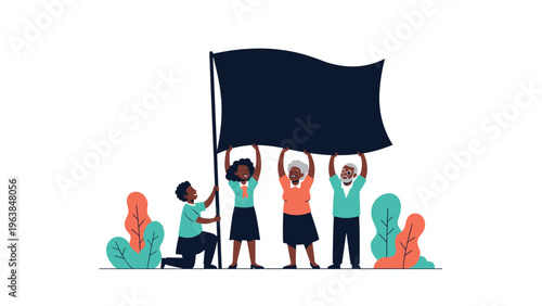 Diverse group of people works together to hold up a large blank black banner for a public protest, celebration, or message.